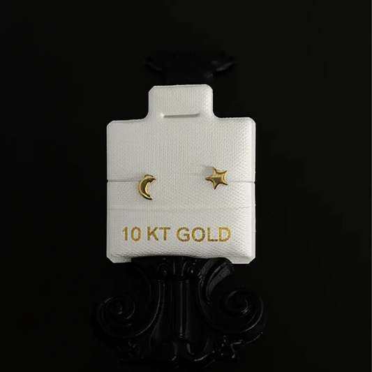 Aretes de Oro de 10 KT en Forma de Luna y Estrella - Studs Delicados