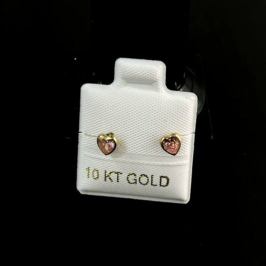 Aretes de Oro de 10 KT con Corazón y Gema Rosa - Studs Románticos